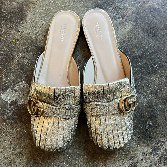 Gucci Shoes - Gucci golden metallic Fringe slide on loafer mules